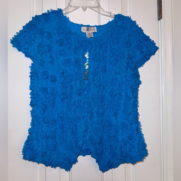 ONCE AGAIN Cardigan Size Small Peacock Blue Short Sleeve 2D Floral Print Ruffle - Picture 2 of 15